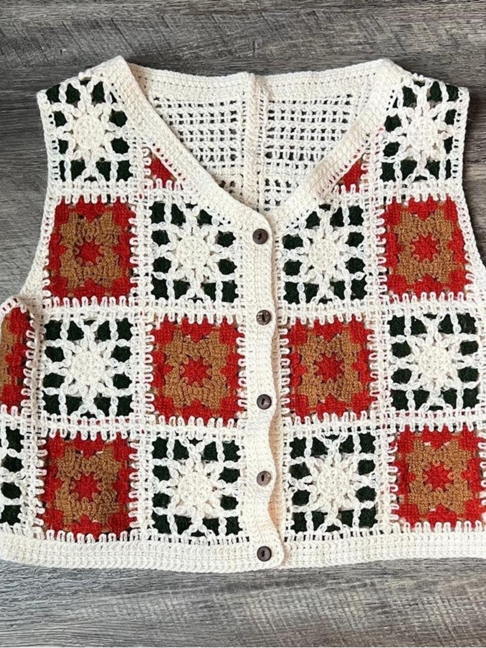 Handmade Crochet Button-Front Vest in Cream, Red, Green & Tan
